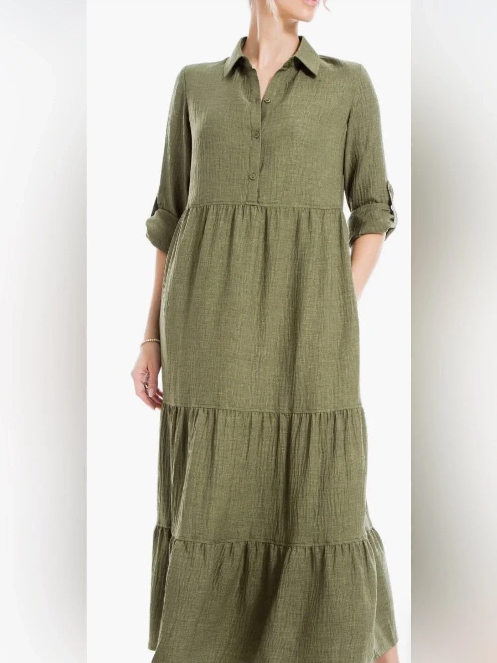 Max Studio London Olive Green Tiered Maxi Dress XS Boho